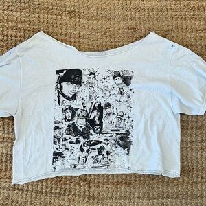 90 CULTURE OFF SHOULDER DISTRESSED White Graphic Crop Top SIZE M/L